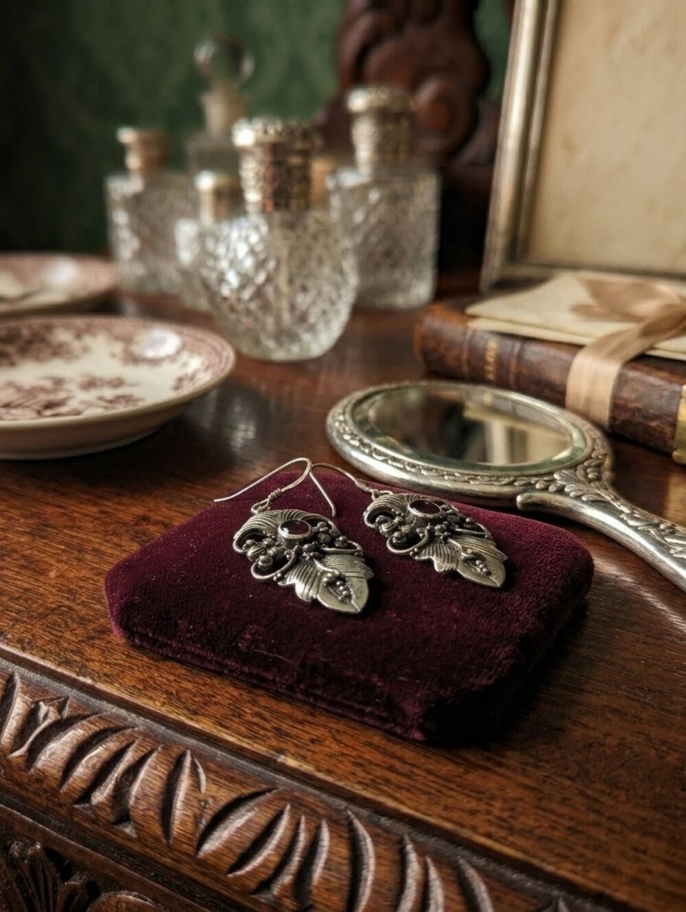 Vintage 925 Silver Garnet Drop Earrings Victorian Revival Floral Leaf C-Scroll - Picture 11 of 11
